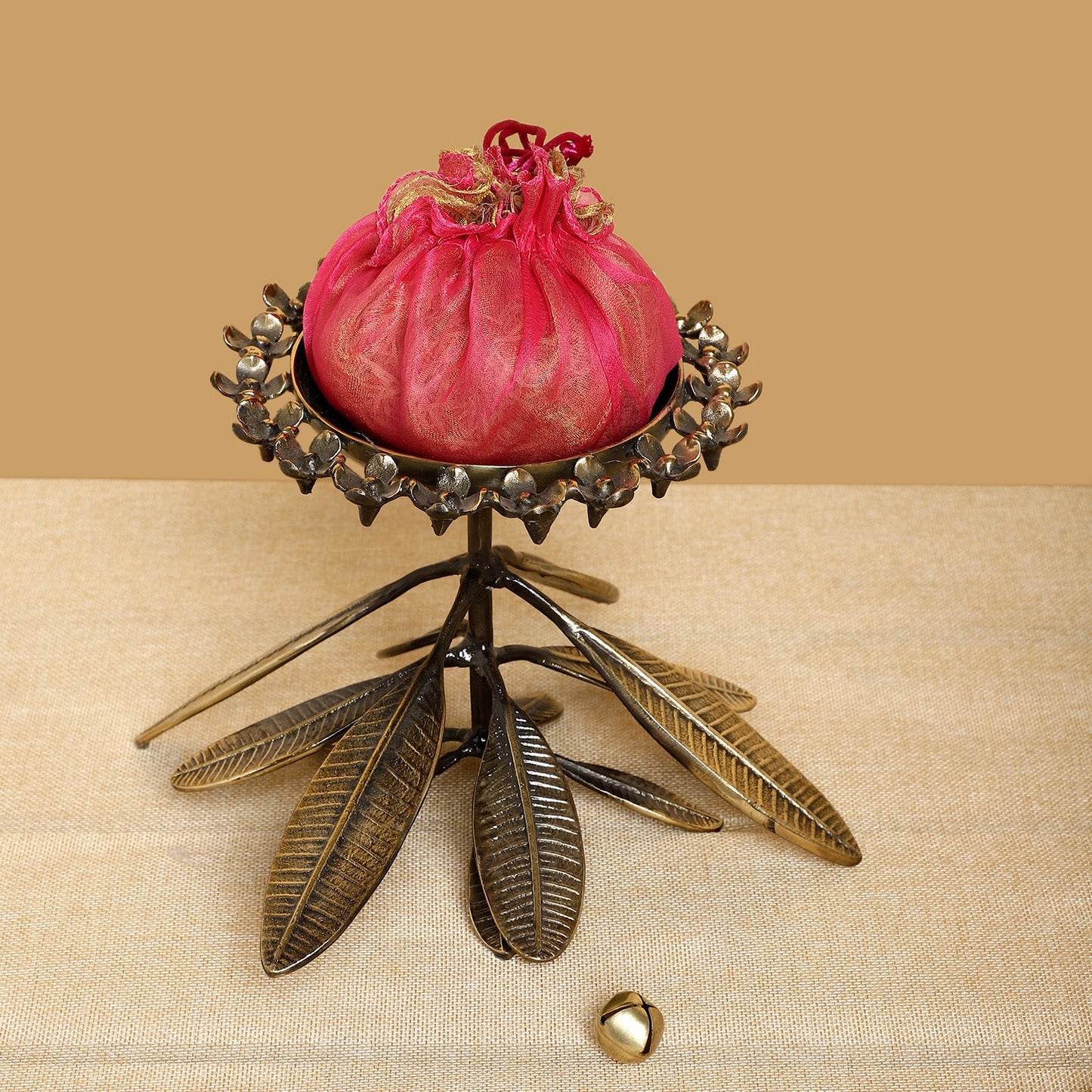 Handcrafted Brass Pedestal Bowl with Leaf Base – Ethnic Floral Serveware & Pooja Decor Centerpiece