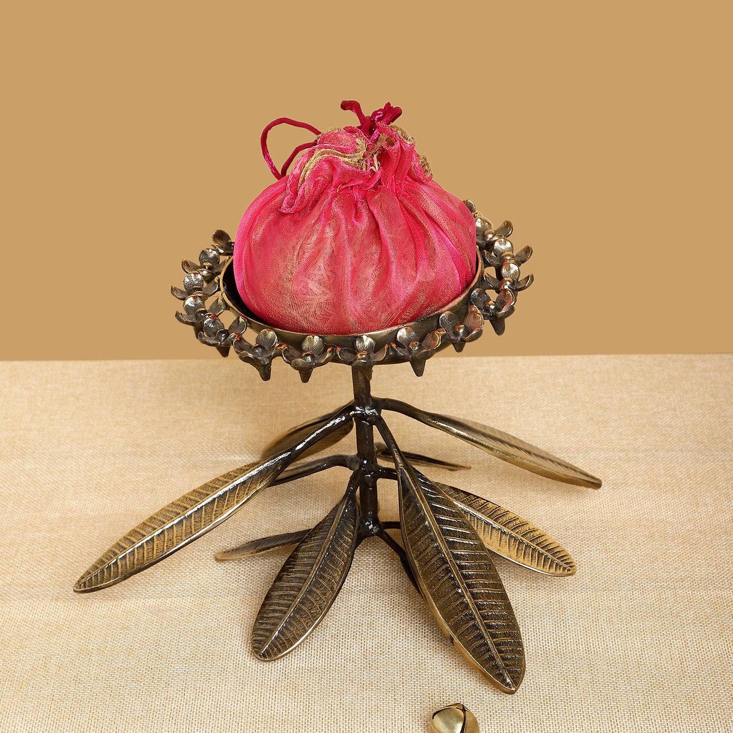 Handcrafted Brass Pedestal Bowl with Leaf Base – Ethnic Floral Serveware & Pooja Decor Centerpiece
