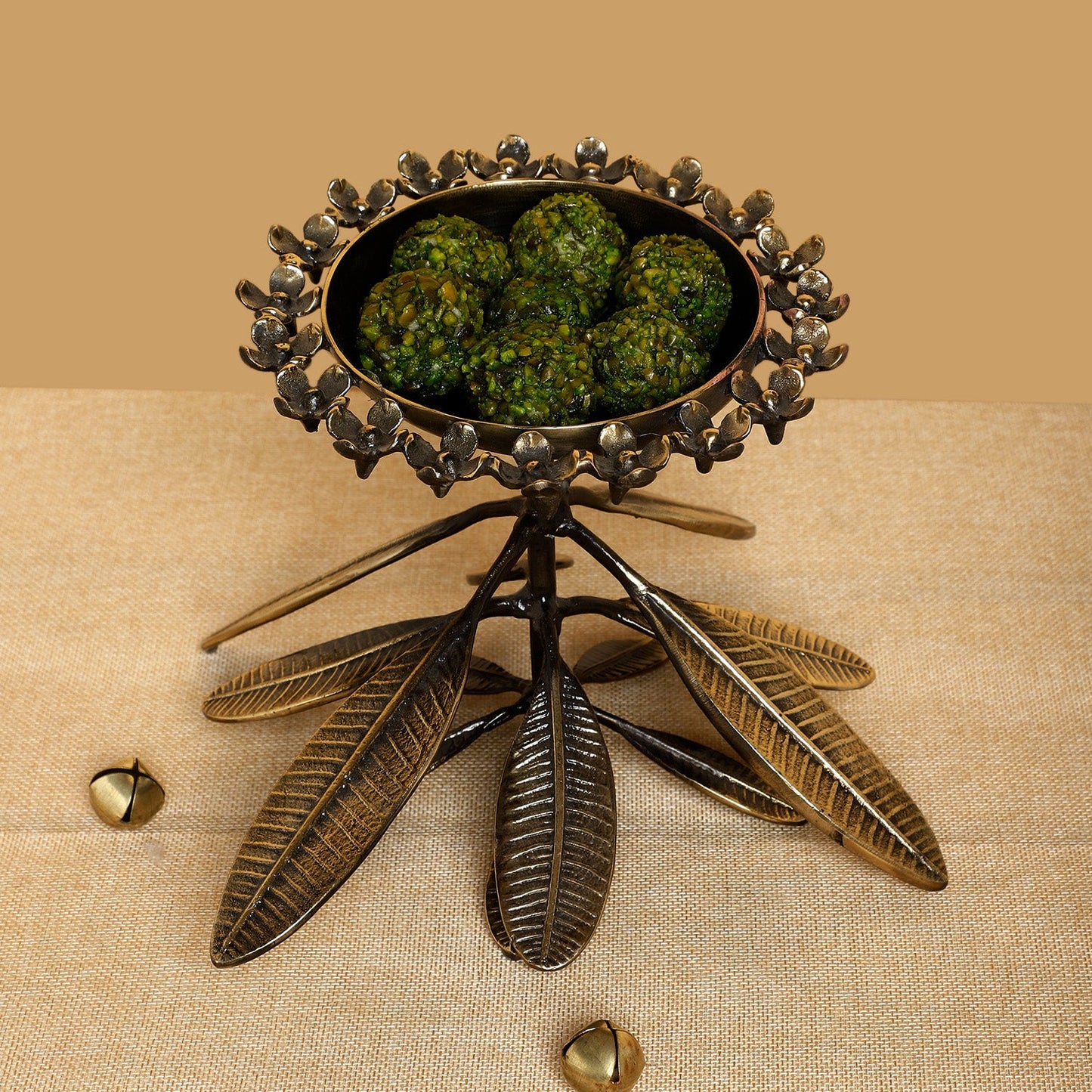 Handcrafted Brass Pedestal Bowl with Leaf Base – Ethnic Floral Serveware & Pooja Decor Centerpiece
