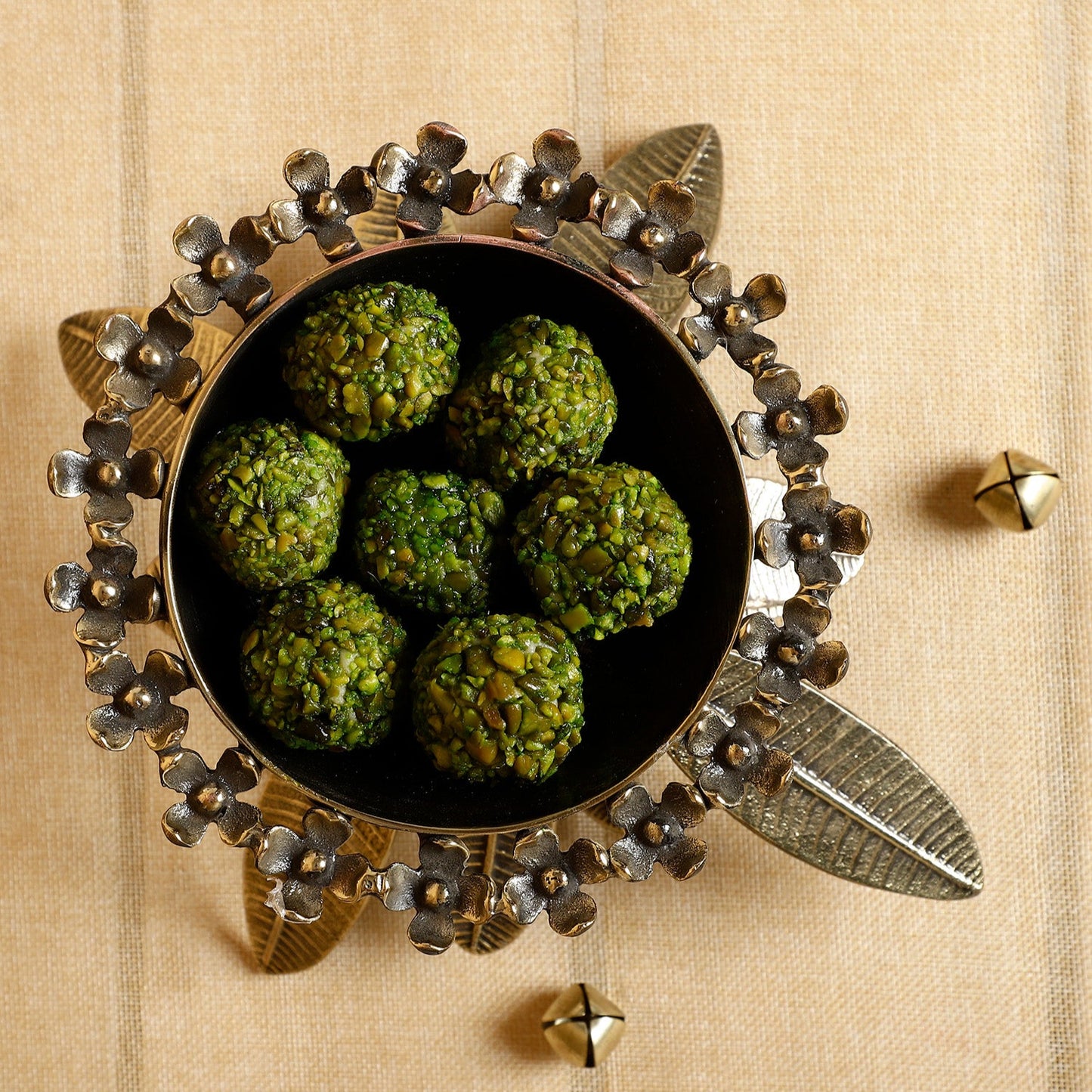 Handcrafted Brass Pedestal Bowl with Leaf Base – Ethnic Floral Serveware & Pooja Decor Centerpiece
