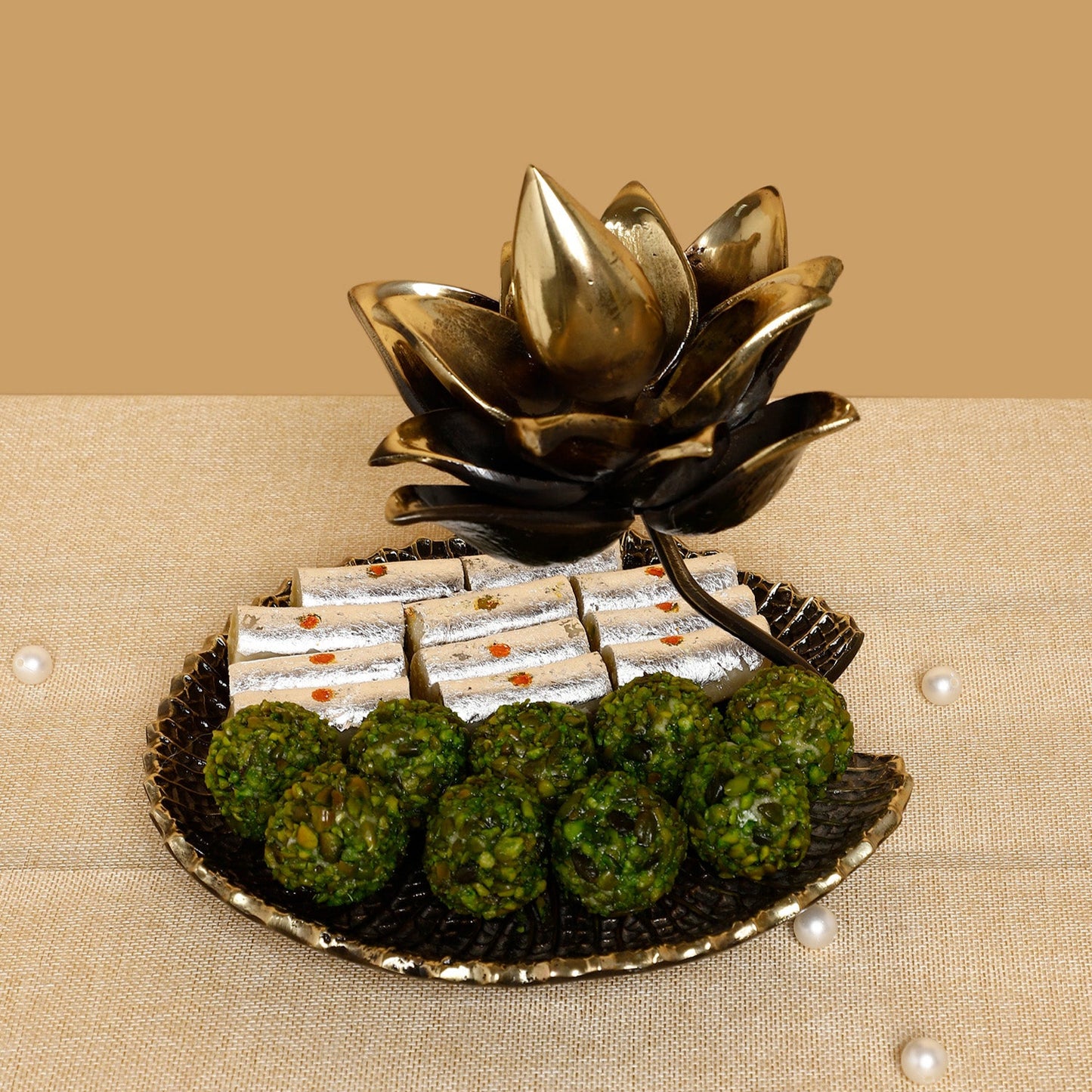 Handcrafted Brass Lotus Bowl – Antique Serveware & Pooja Decor with Embossed Base