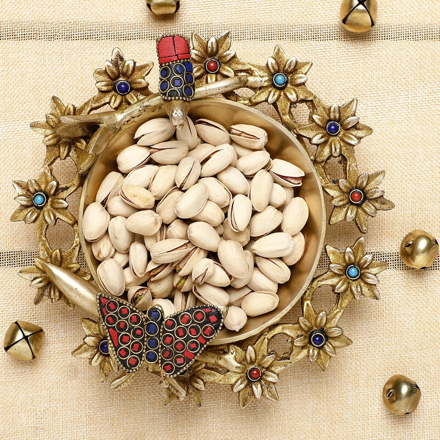 Handcrafted Brass Bird Dry Fruit Bowl – Decorative Floral Serving Dish for Festive Décor & Gifting