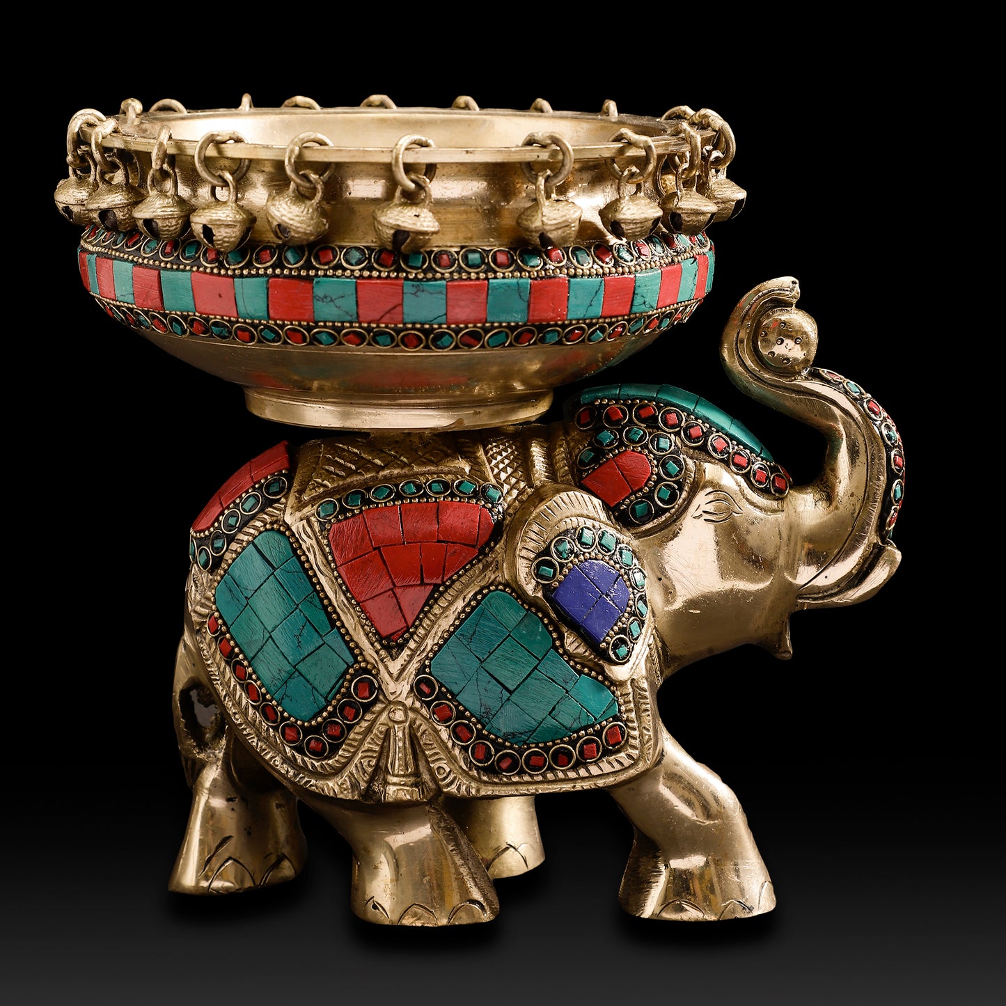 Traditional Brass Elephant Urli with Hanging Bells – Auspicious Home & Festive Décor Bowl