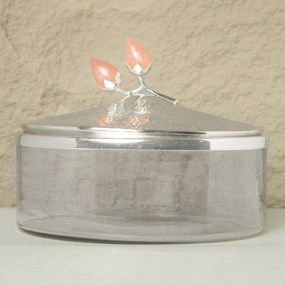 Clear glass container with a silver lid featuring coral-colored handles on a beige background