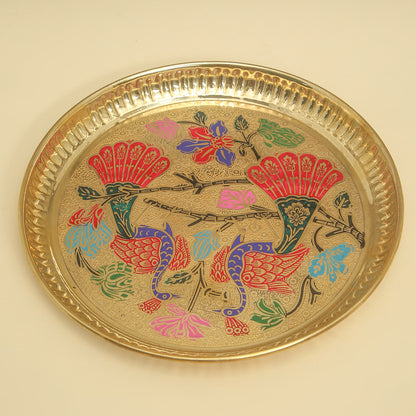 Decorative tray with colorful bird and floral design on a beige background