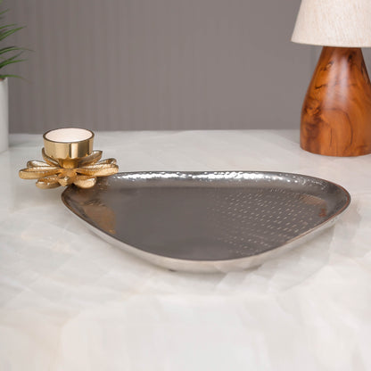 Triangular Brass Plate with Lotus Tealight Holder – Elegant Decorative Tray