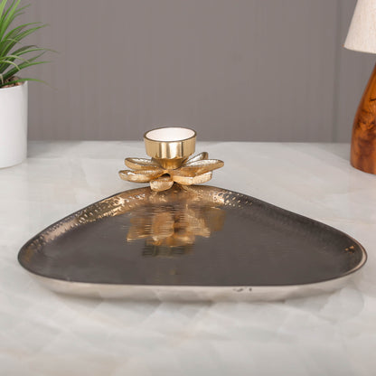 Triangular Brass Plate with Lotus Tealight Holder – Elegant Decorative Tray