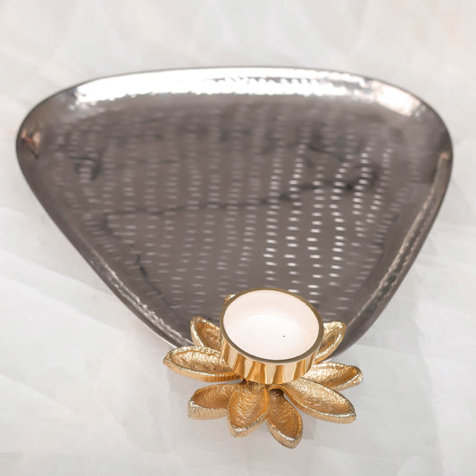 Triangular Brass Plate with Lotus Tealight Holder – Elegant Decorative Tray