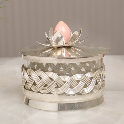 Silver-Plated Dry Fruit Box with Lotus Flower Knob – Elegant Decorative Container