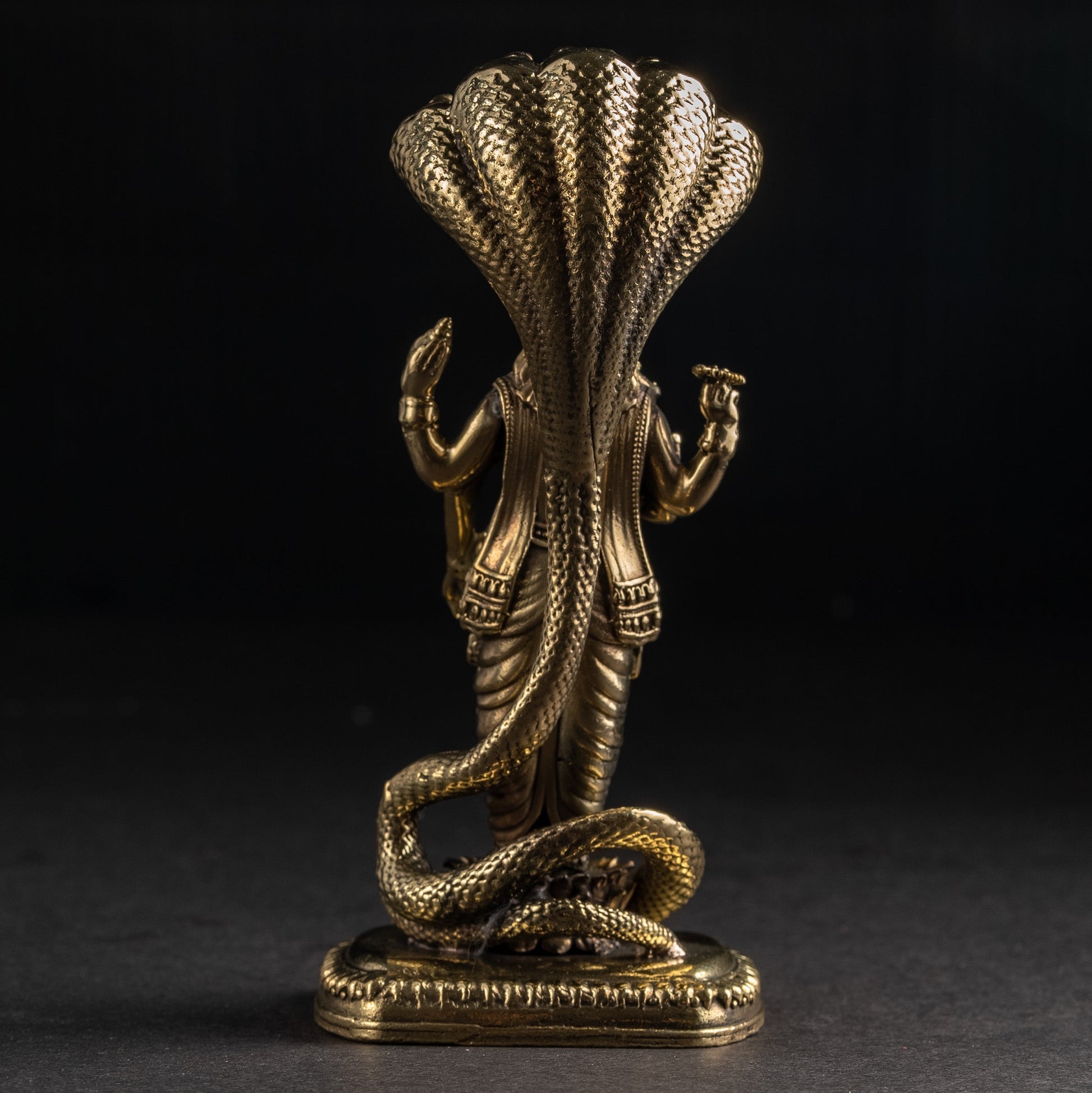 Bronze sculpture of a snake-like creature on a black background