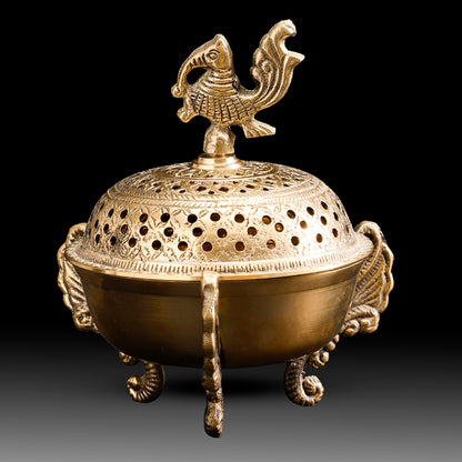 Antique Brass Peacock Dhoop Dani – Handcrafted Incense Burner with Ornate Legs and Perforated Dome