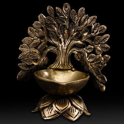 Brass Tree of Diya – Antique Finish Tree-Inspired Oil Lamp for Home Decor, Puja & Gifting