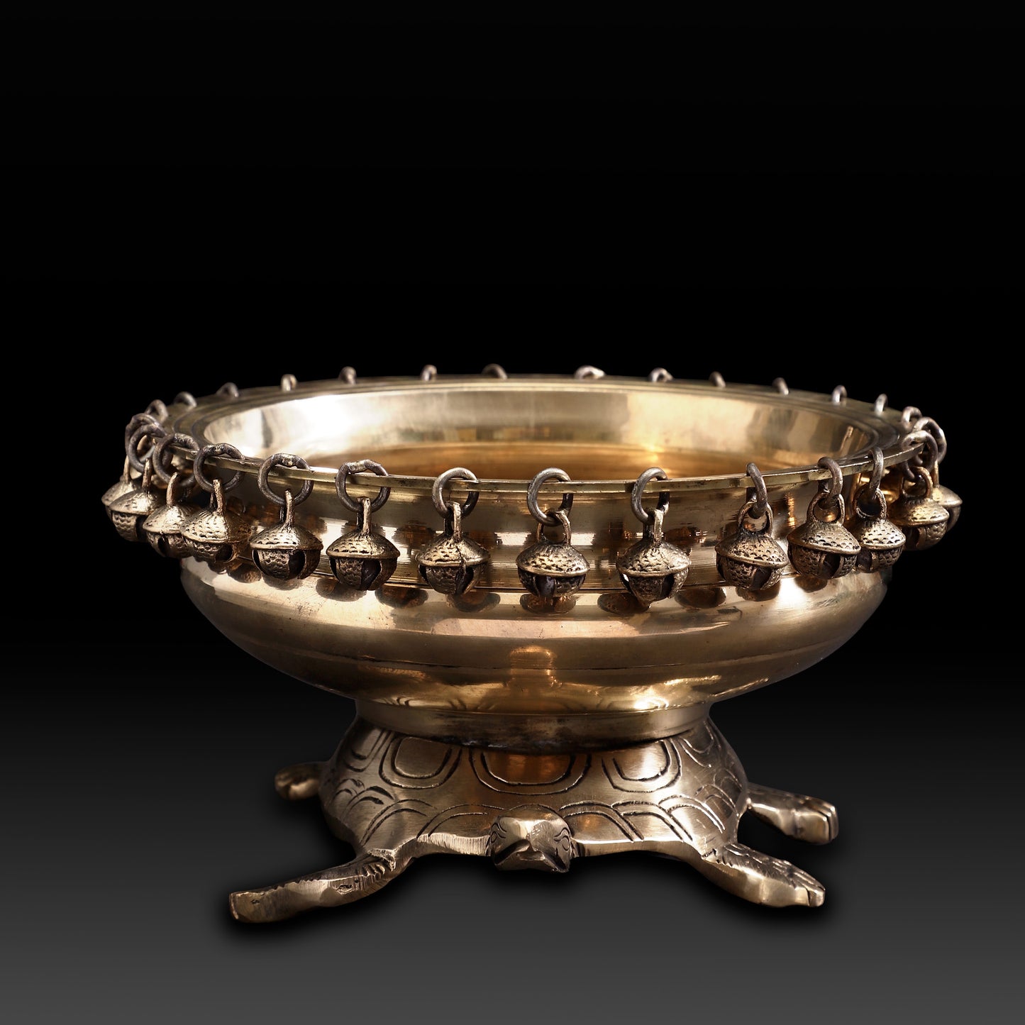 Turtle Brass Urli Bowl with Bells – Traditional Indian Vaastu Urli for Home Decor & Festive Display