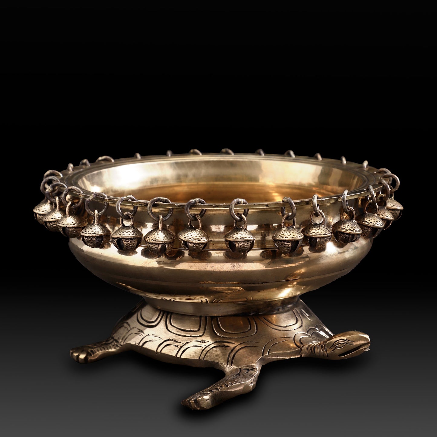 Turtle Brass Urli Bowl with Bells – Traditional Indian Vaastu Urli for Home Decor & Festive Display