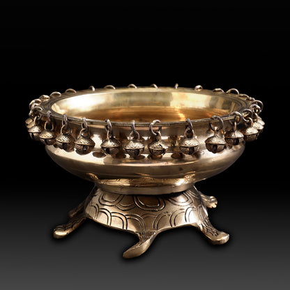 Turtle Brass Urli Bowl with Bells – Traditional Indian Vaastu Urli for Home Decor & Festive Display