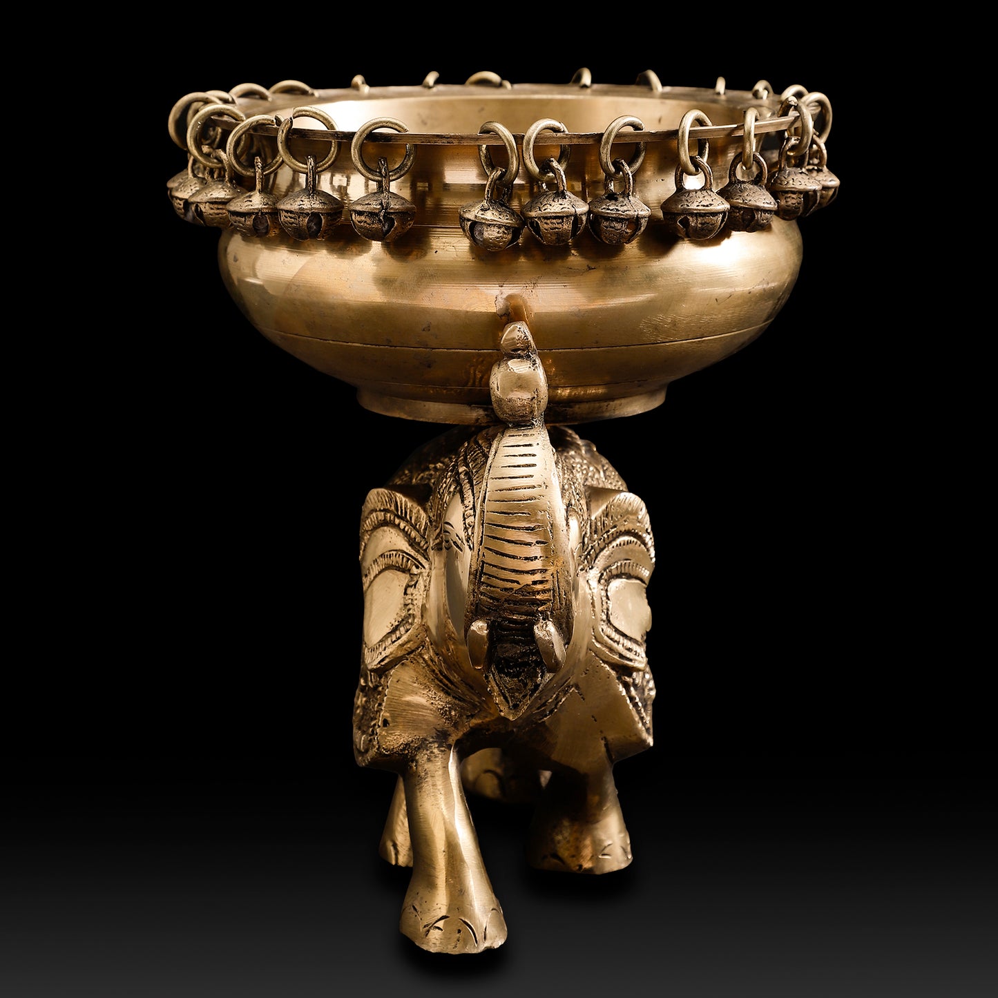 Handcrafted Brass Elephant Urli Bowl – Festive Indian Décor with Hanging Bells
