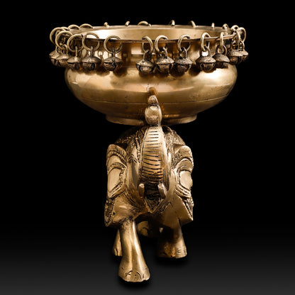 Handcrafted Brass Elephant Urli Bowl – Festive Indian Décor with Hanging Bells