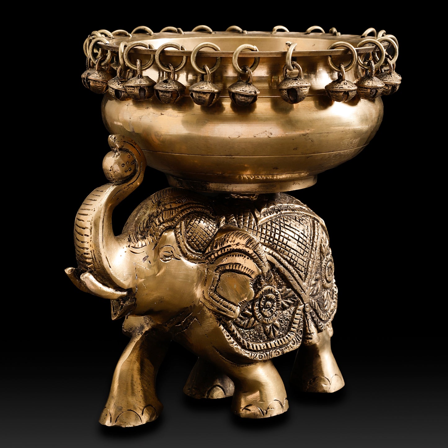 Handcrafted Brass Elephant Urli Bowl – Festive Indian Décor with Hanging Bells