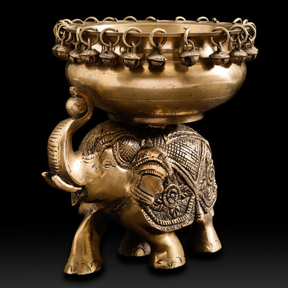 Handcrafted Brass Elephant Urli Bowl – Festive Indian Décor with Hanging Bells