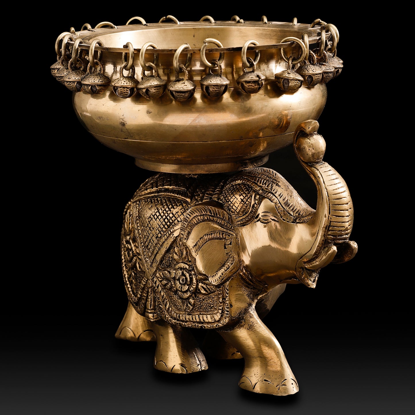 Handcrafted Brass Elephant Urli Bowl – Festive Indian Décor with Hanging Bells