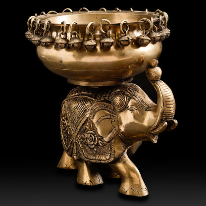 Handcrafted Brass Elephant Urli Bowl – Festive Indian Décor with Hanging Bells