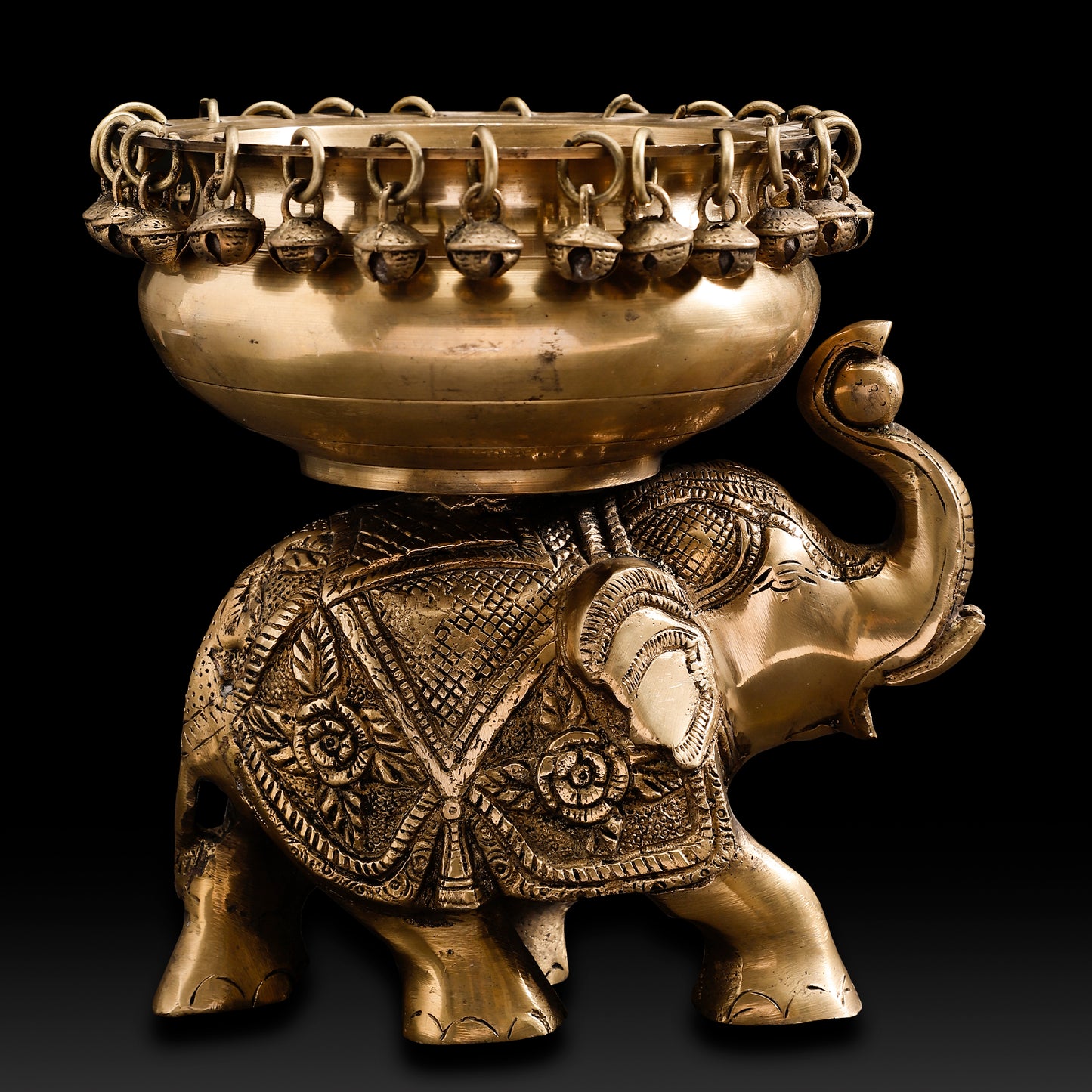 Handcrafted Brass Elephant Urli Bowl – Festive Indian Décor with Hanging Bells