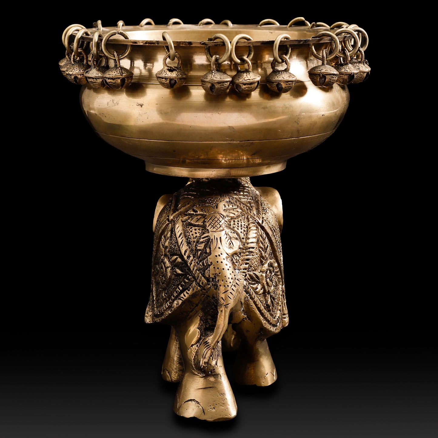 Handcrafted Brass Elephant Urli Bowl – Festive Indian Décor with Hanging Bells