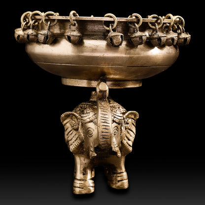 Handcrafted Brass Elephant Urli Bowl with Bells – Traditional Indian Festive Décor for Home & Temple