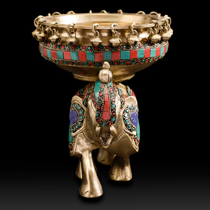 Traditional Brass Elephant Urli with Hanging Bells – Auspicious Home & Festive Décor Bowl