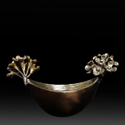 Handcrafted Brass Bowl with Floral Branch – Nature-Inspired Decorative Accent with Hammered Finish