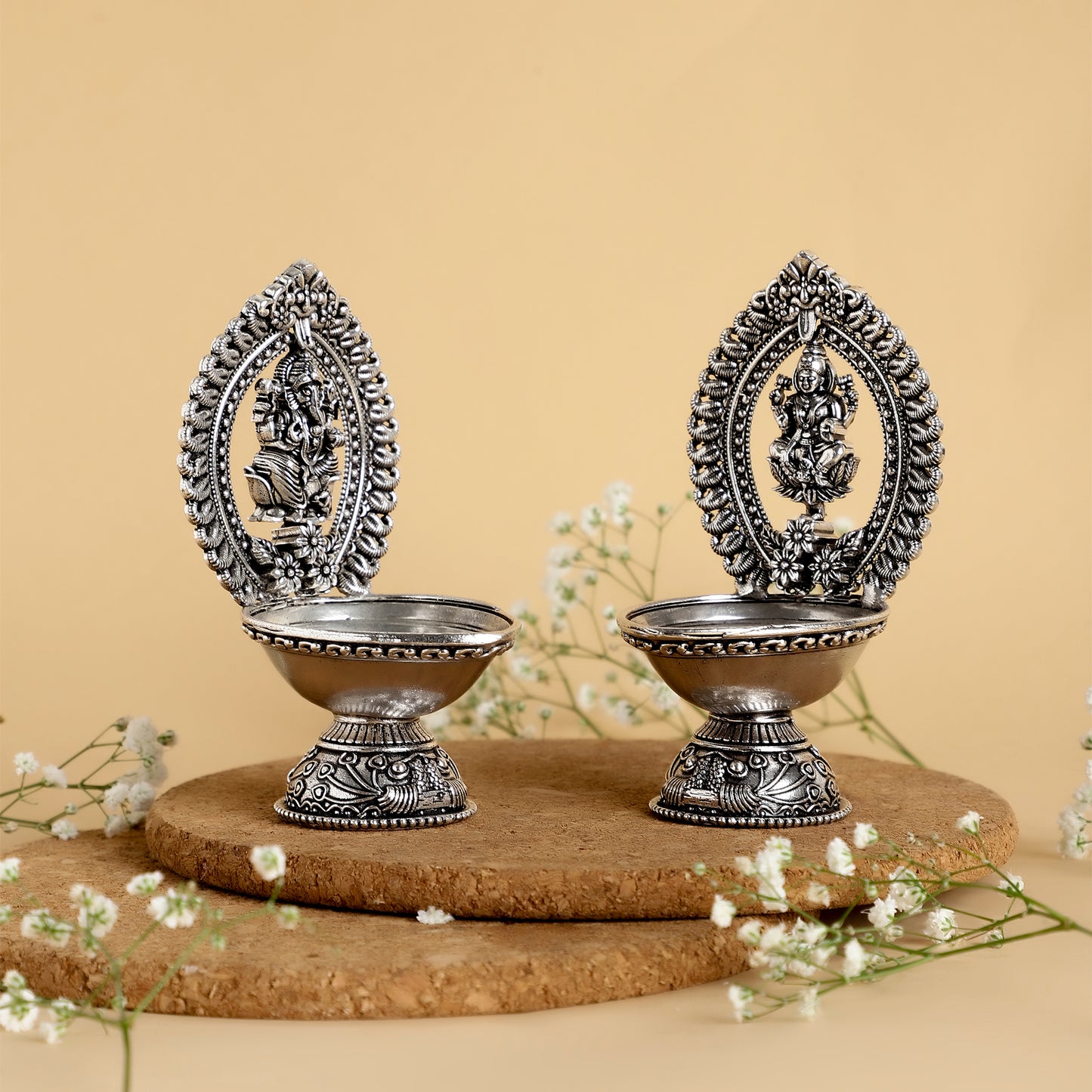 Brass Lakshmi & Ganesh Diya – Handcrafted Antique Oil Lamp for Pooja, Home Temple & Festive Décor