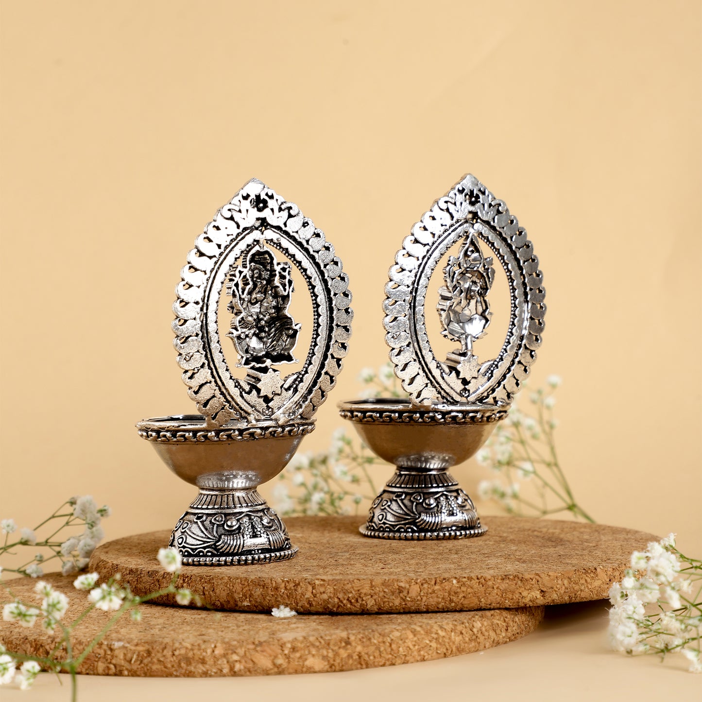 Brass Lakshmi & Ganesh Diya – Handcrafted Antique Oil Lamp for Pooja, Home Temple & Festive Décor