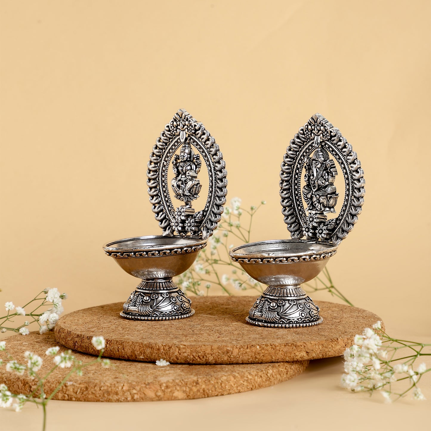 Brass Lakshmi & Ganesh Diya – Handcrafted Antique Oil Lamp for Pooja, Home Temple & Festive Décor