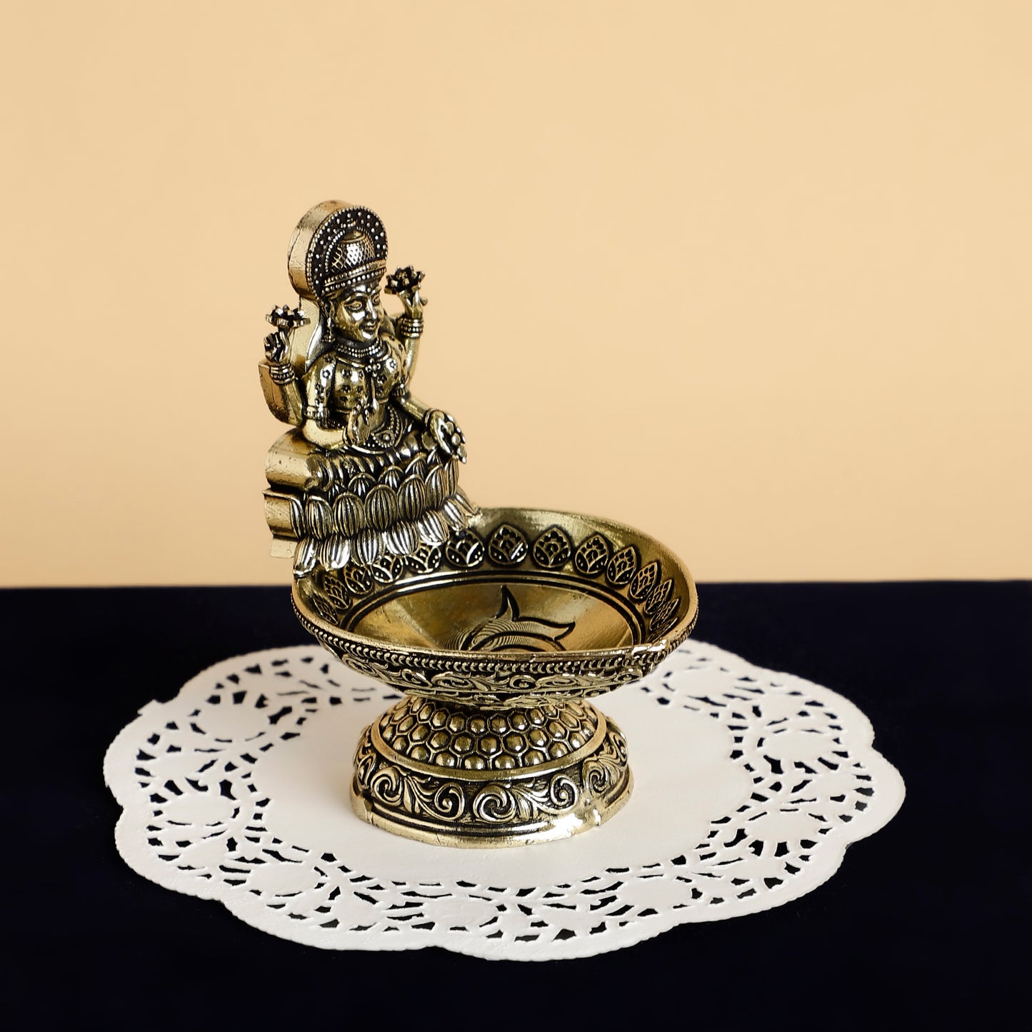 Brass Lakshmi Idol Diya – Antique Finish Handmade Oil Lamp for Pooja Room & Festive Decoration