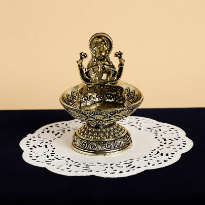 Brass Lakshmi Idol Diya – Antique Finish Handmade Oil Lamp for Pooja Room & Festive Decoration