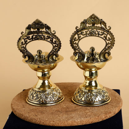 Brass Lakshmi Diya with Swan Motif & Kirtimukha Arch – Handcrafted Antique Oil Lamp for Pooja & Festive Décor