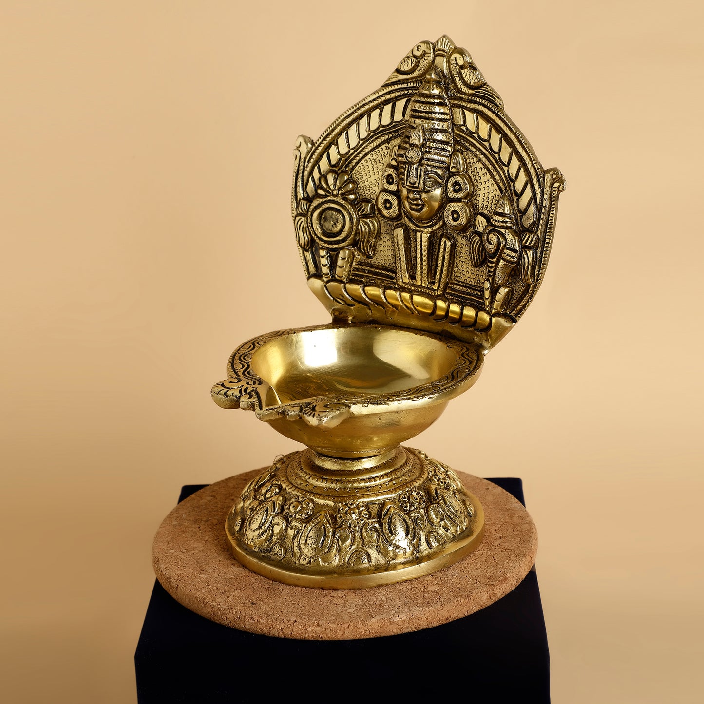Brass Shank Chakra Diya Stand – Antique Finish Traditional Oil Lamp for Puja Room & Home Décor