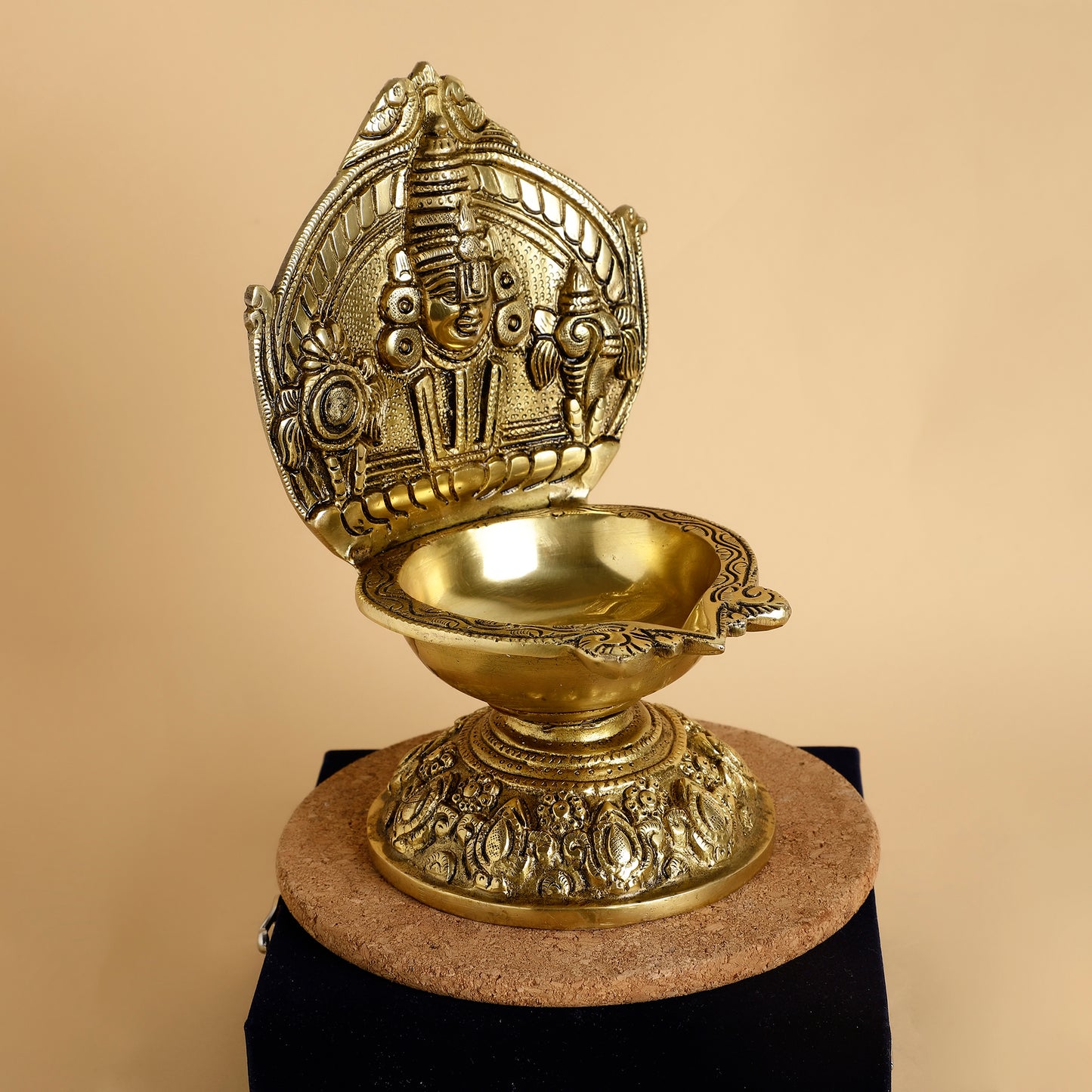 Brass Shank Chakra Diya Stand – Antique Finish Traditional Oil Lamp for Puja Room & Home Décor