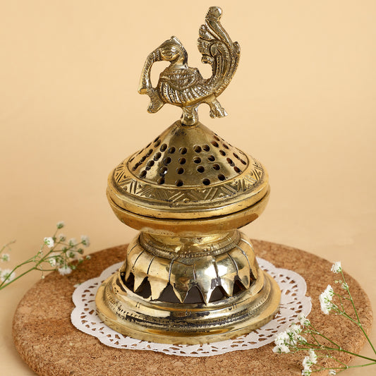 Handcrafted Brass Peacock Incense Burner – Decorative Dhoop Dani with Perforated Lid & Fluted Base for Pooja and Home Décor