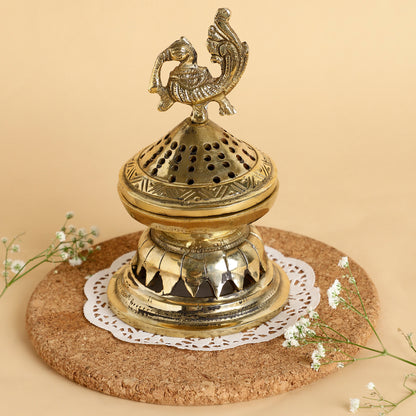 Handcrafted Brass Peacock Incense Burner – Decorative Dhoop Dani with Perforated Lid & Fluted Base for Pooja and Home Décor
