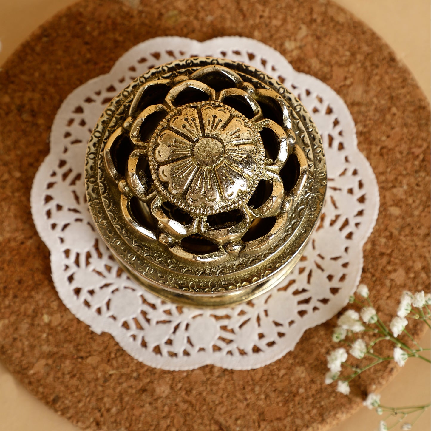 Antique Brass Lotus Dhoop Burner – Handcrafted Incense Holder with Openwork Floral Design for Pooja & Return Gifting