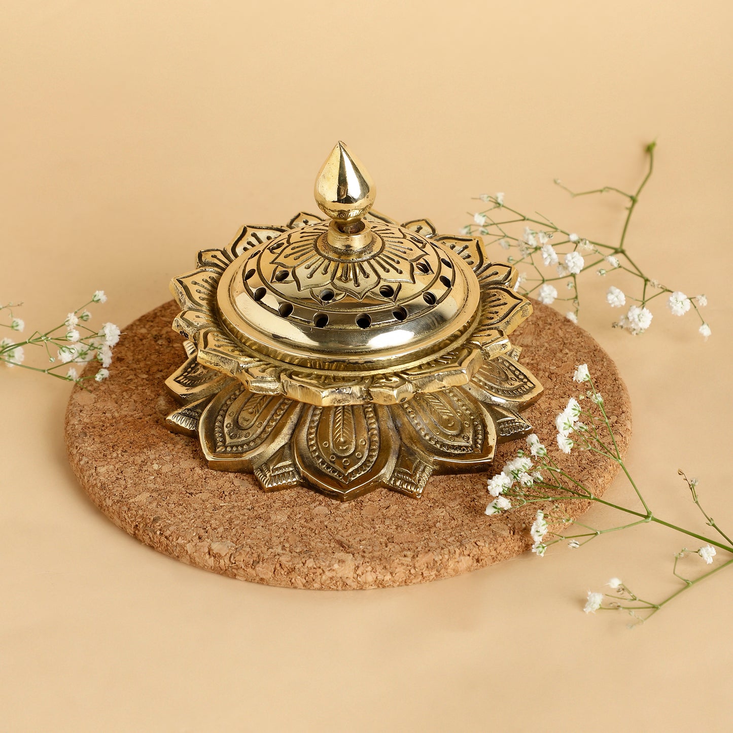 Brass Dhoop Dani with Lotus Base – Handcrafted Incense Burner with Perforated Dome Lid & Finial Handle