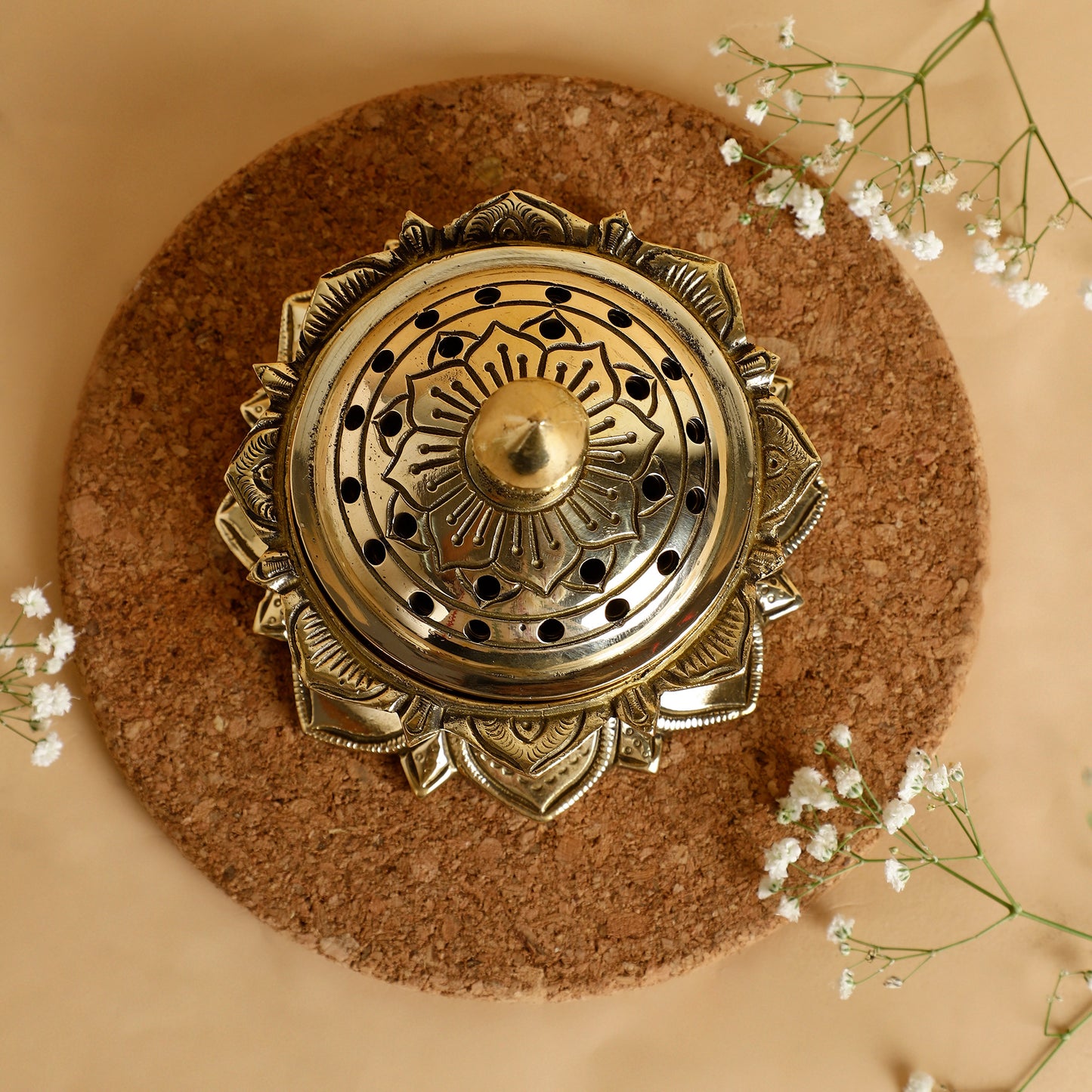 Brass Dhoop Dani with Lotus Base – Handcrafted Incense Burner with Perforated Dome Lid & Finial Handle