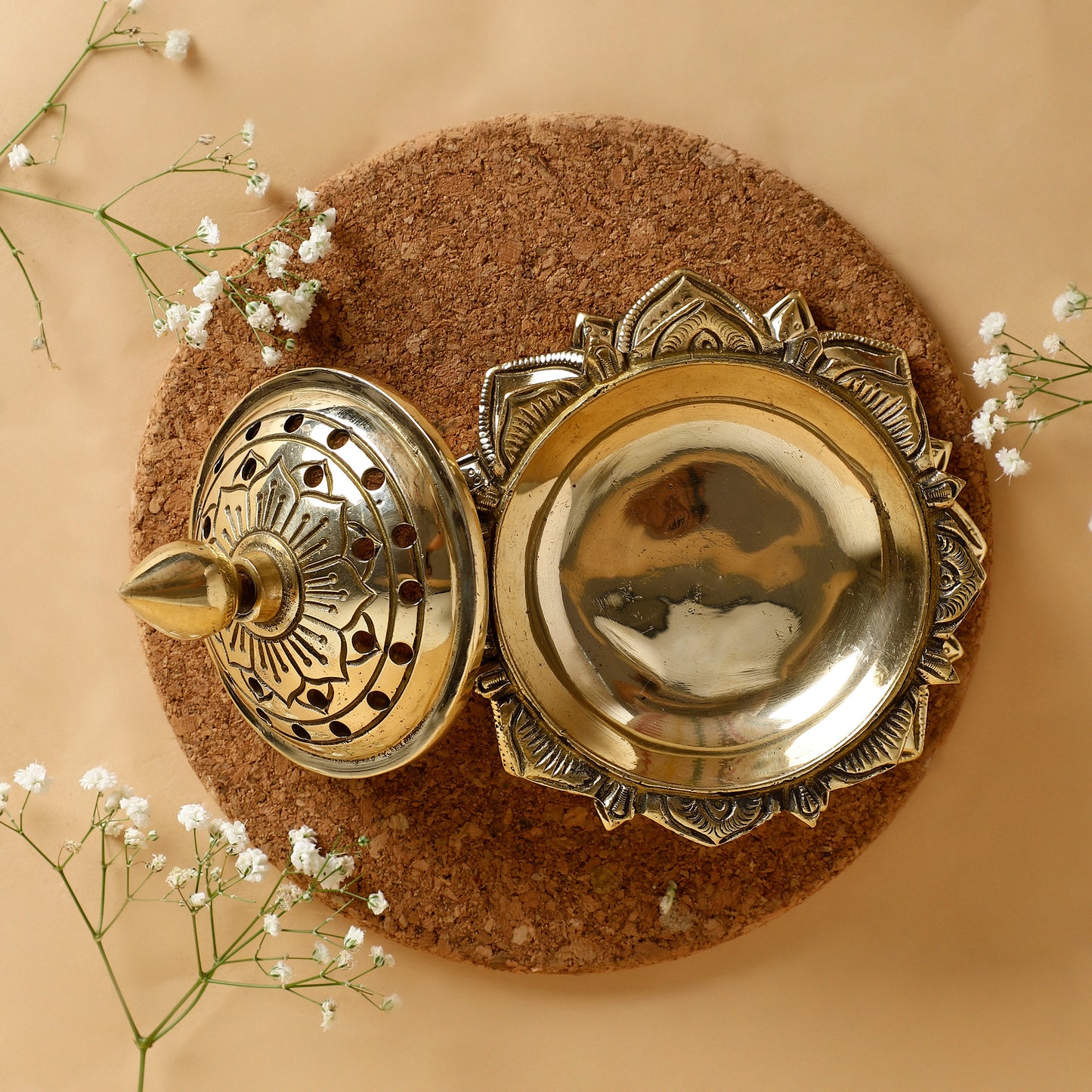 Brass Dhoop Dani with Lotus Base – Handcrafted Incense Burner with Perforated Dome Lid & Finial Handle