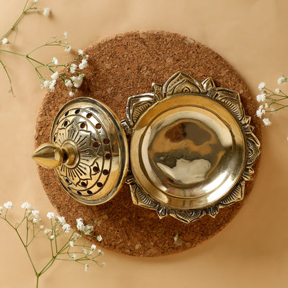 Brass Dhoop Dani with Lotus Base – Handcrafted Incense Burner with Perforated Dome Lid & Finial Handle