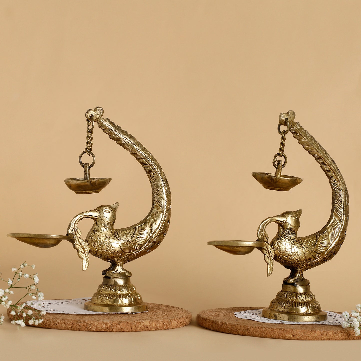 Peacock Brass Oil Lamp – Traditional Table Diya with Hanging Bell | Handcrafted Aarti Deepak for Pooja & Home Décor