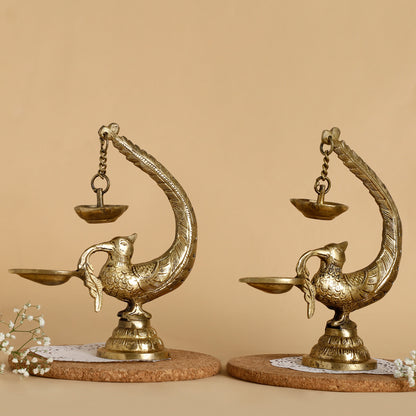 Peacock Brass Oil Lamp – Traditional Table Diya with Hanging Bell | Handcrafted Aarti Deepak for Pooja & Home Décor