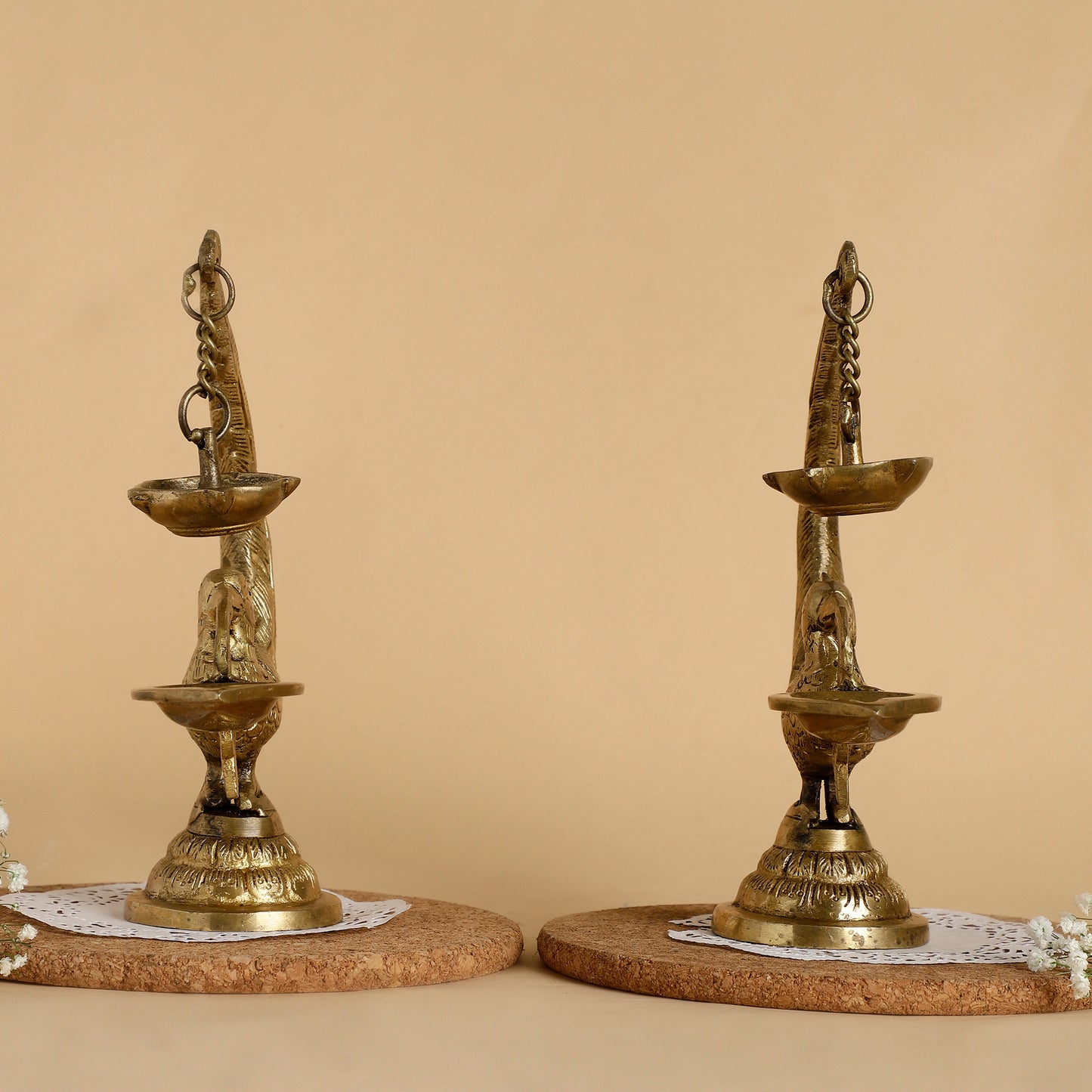 Peacock Brass Oil Lamp – Traditional Table Diya with Hanging Bell | Handcrafted Aarti Deepak for Pooja & Home Décor