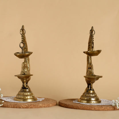 Peacock Brass Oil Lamp – Traditional Table Diya with Hanging Bell | Handcrafted Aarti Deepak for Pooja & Home Décor