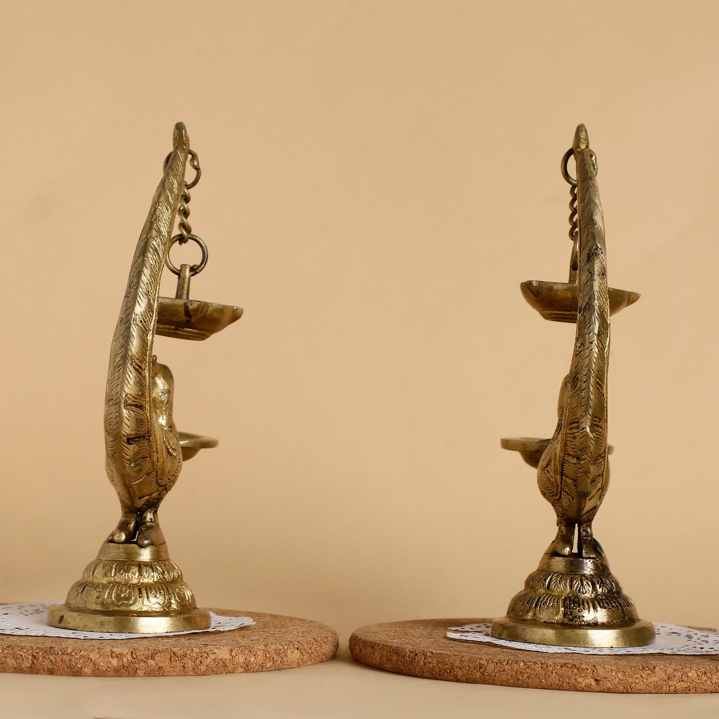 Peacock Brass Oil Lamp – Traditional Table Diya with Hanging Bell | Handcrafted Aarti Deepak for Pooja & Home Décor